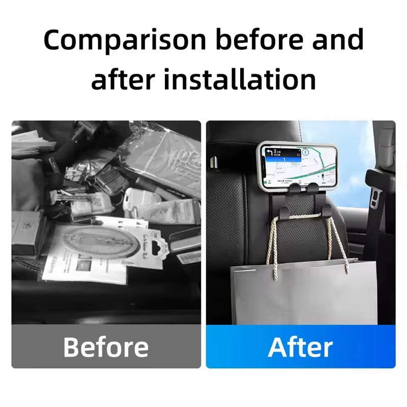 Car Back Seat Hook & Phone Holder Stand - Perfect for iPhone & Samsung Devices