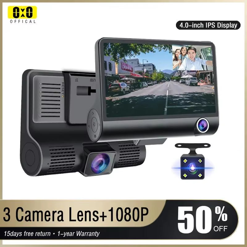 Capture Every Angle with Our 4" Triple Lens Dash Cam - Front, Rear, and Interior Recording with Night Vision and 24-Hour Parking Protection