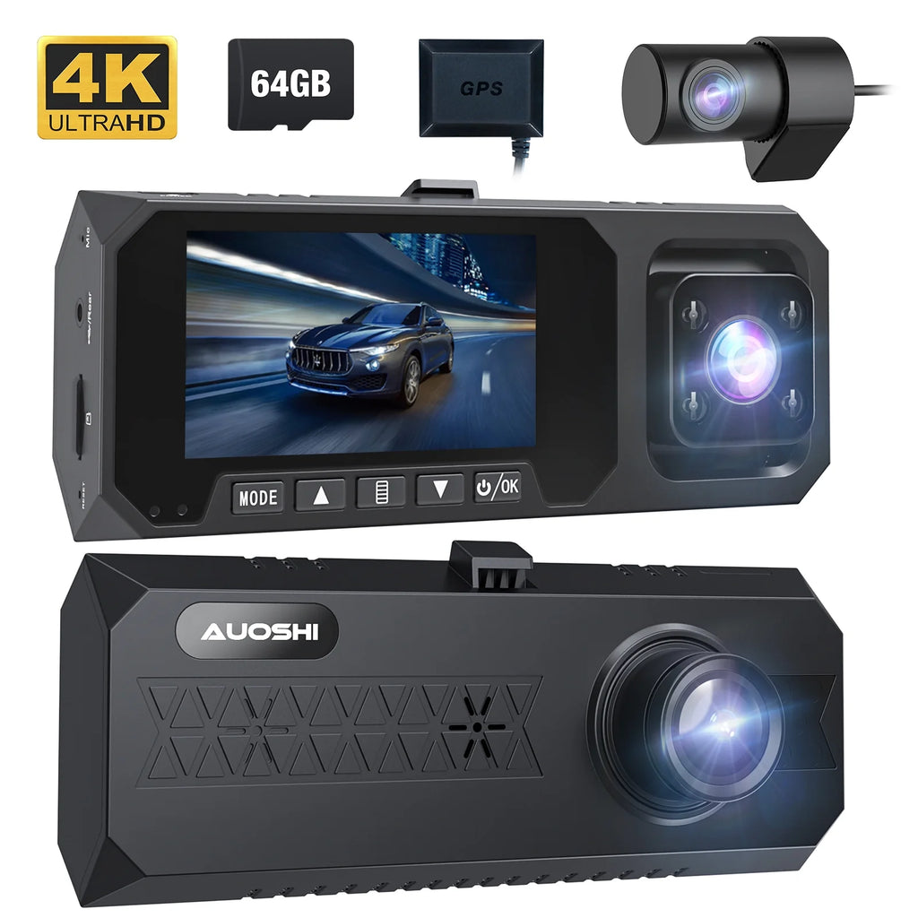 Revolutionary 3 Channel 4K Dash Cam with Night Vision, Wi-Fi & GPS – Ultimate Car Security with 3.16" Touchscreen and 64GB SD Card Included