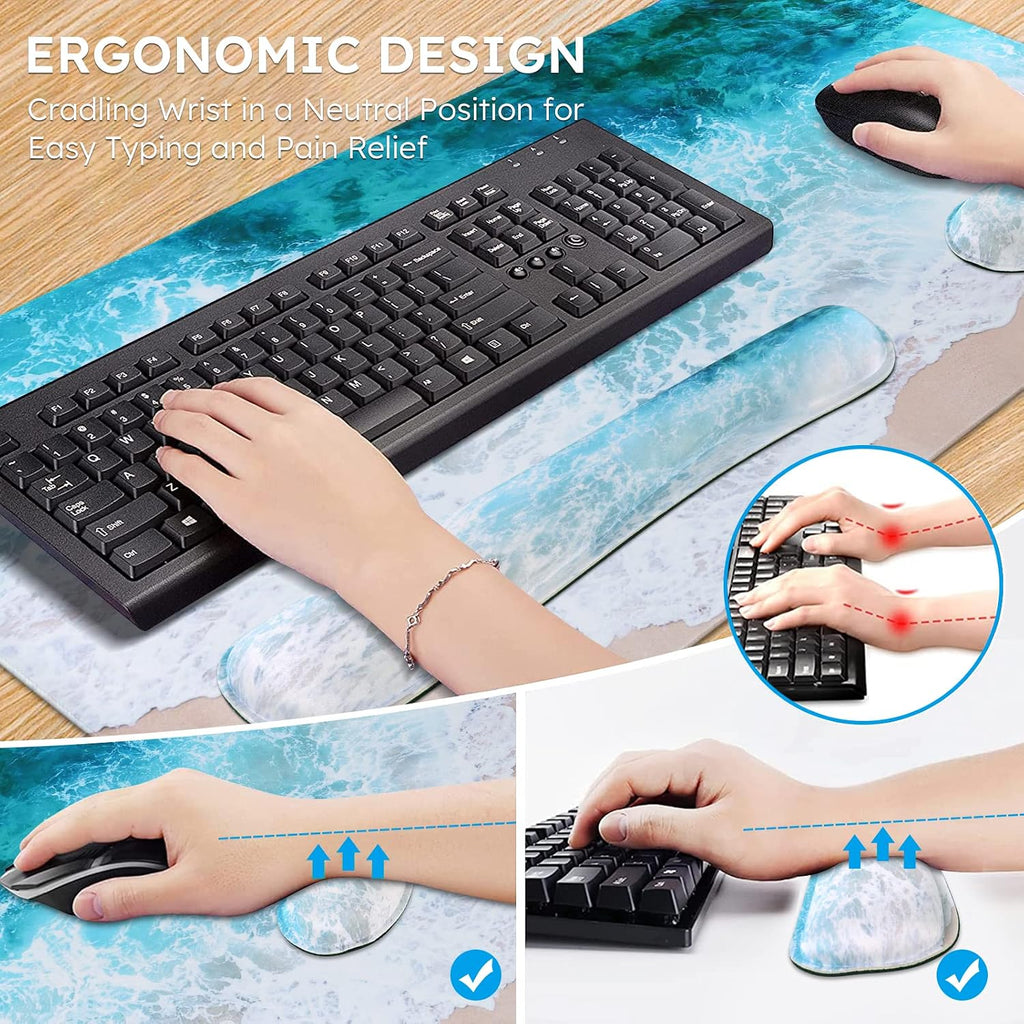 Beach 3Pcs Table Mat, 35.4"X15.7" Keyboard Pad for Workspace | Modern Thick Desk Pad Including Keyboard Wrist Rest, Mousepad Set for Computer Gaming Vanity Office Workspace Area