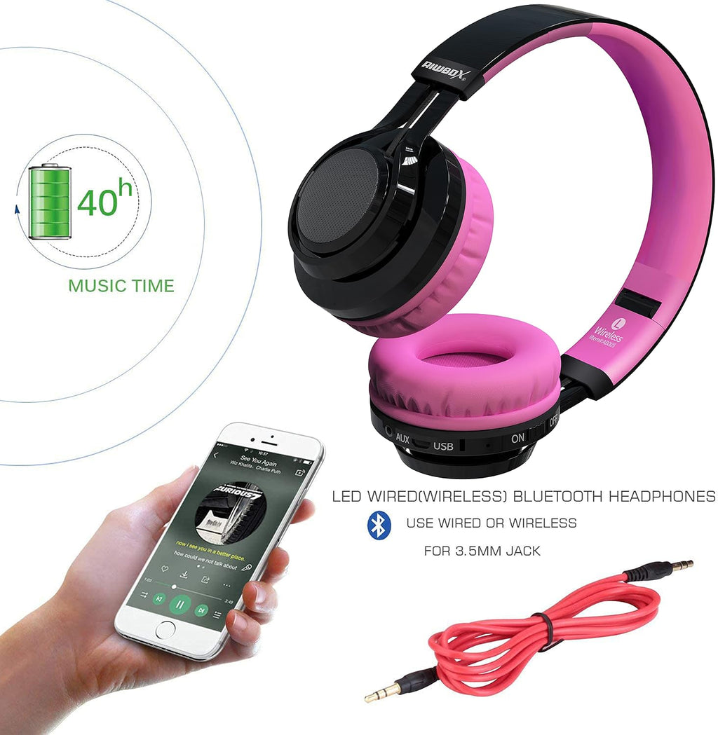 Bluetooth Headphones for Kids, AB005 Wireless Kids Headphones V5.3 with Microphone Foldable Headset with LED Light and TF Card FM Radio Compatible for Tablet PC TV (Black&Pink)