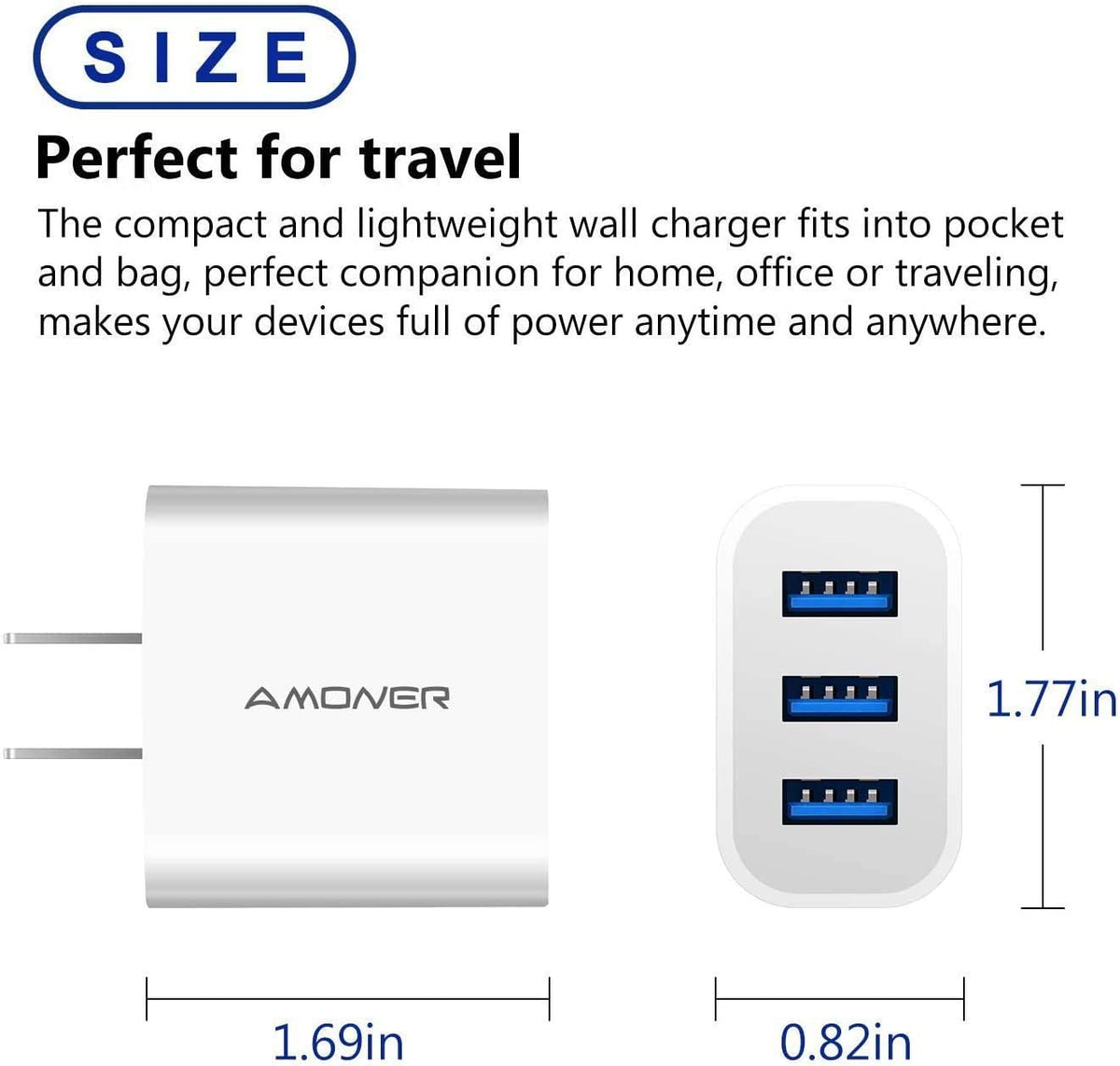 USB Wall Charger,  2Pack 15W 3-Port USB Charger Block Iphone Cube Charging Blocks for Iphone 14/13/12/11/X/XR/X/8/7/6, Galaxy, Android Phones and More | Fits Iphone 16/15/14/13/12/11/X/8, Galaxy, Android&Ipad Smart IC Fast Charge, 3 USB Ports for Home, Office & Travel