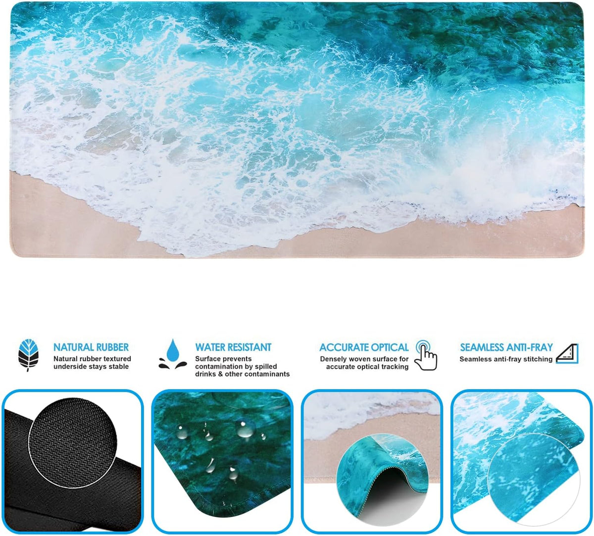 Beach 3Pcs Table Mat, 35.4"X15.7" Keyboard Pad for Workspace | Modern Thick Desk Pad Including Keyboard Wrist Rest, Mousepad Set for Computer Gaming Vanity Office Workspace Area
