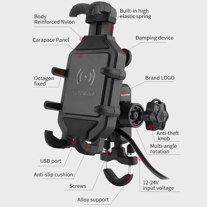 Ultimate Motorcycle Wireless Charging Phone Holder - 3.0 Quick Charger for 4-7 Inch Devices - GPS & Cellphone Handlebar Mount