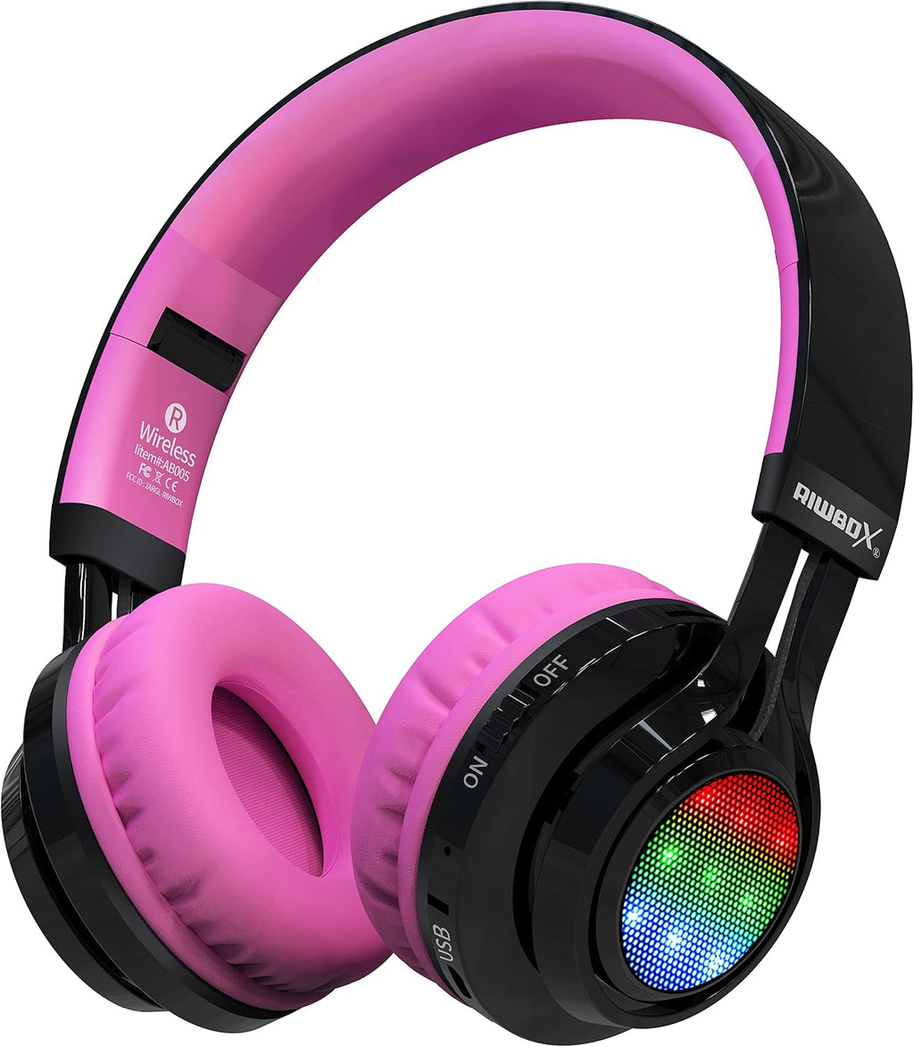 Bluetooth Headphones for Kids, AB005 Wireless Kids Headphones V5.3 with Microphone Foldable Headset with LED Light and TF Card FM Radio Compatible for Tablet PC TV (Black&Pink)