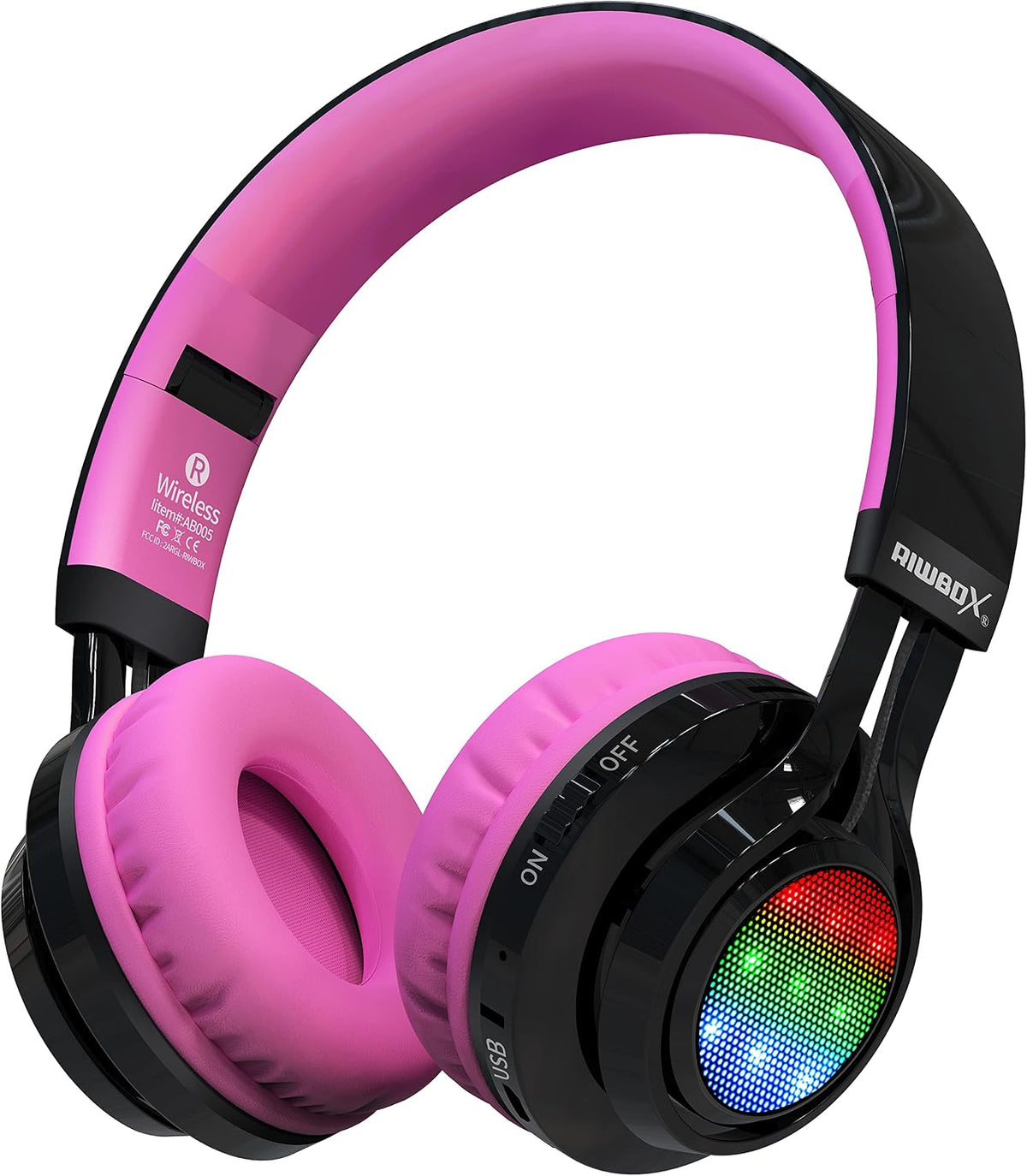 Bluetooth Headphones for Kids, AB005 Wireless Kids Headphones V5.3 with Microphone Foldable Headset with LED Light and TF Card FM Radio Compatible for Tablet PC TV (Black&Pink)
