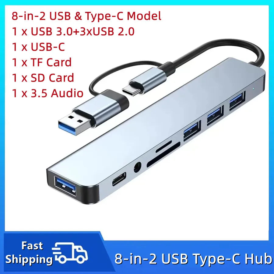 Ultimate 8-in-2 Type-C USB Hub with SD/TF Card Reader & Audio Jack for MacBook, PC, Laptop & Tablet
