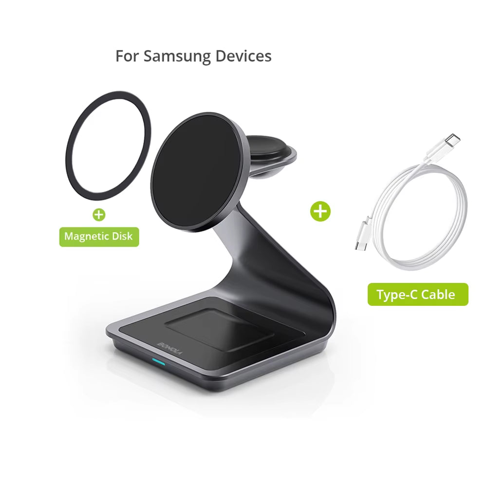 3-in-1 Magnetic Wireless Charger Station - Fast Charging for Samsung S24 Ultra/S25/26, Galaxy Watch 8/7/6 & Earbuds