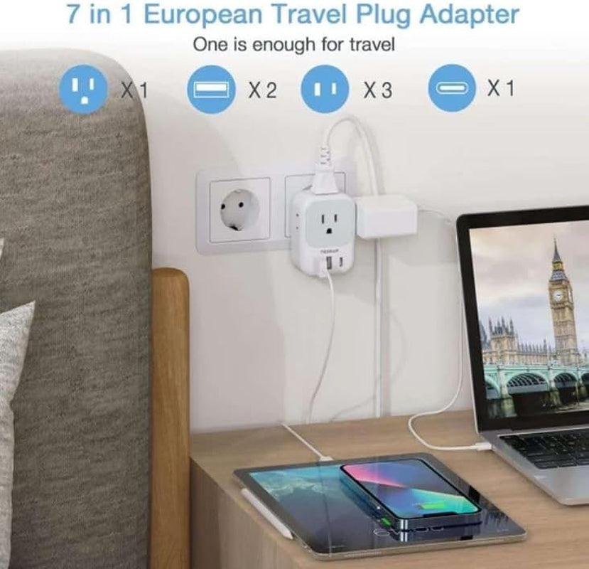 European Travel Plug Adapter Converter | International Power Plug Converter, 2 USB Ports, Type C Outlet, US to Most of Europe EU Iceland Spain Italy France Germany