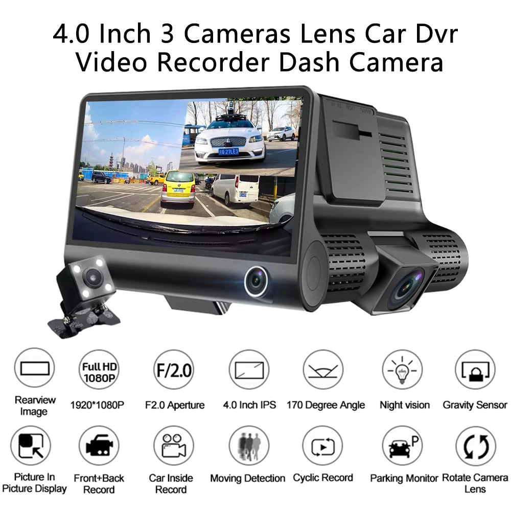 Capture Every Angle with Our 4" Triple Lens Dash Cam - Front, Rear, and Interior Recording with Night Vision and 24-Hour Parking Protection