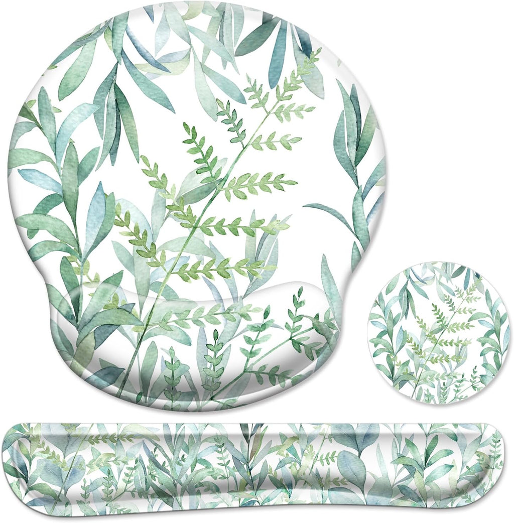 3 in 1 Ergonomic Mouse Pad with Wrist Support and Keyboard Wrist Rest Pad Set with Coaster,  Wrist Pad with Non-Slip Rubber Base & Raised Memory Foam, Easy Typing & Pain Relief, Green Plants