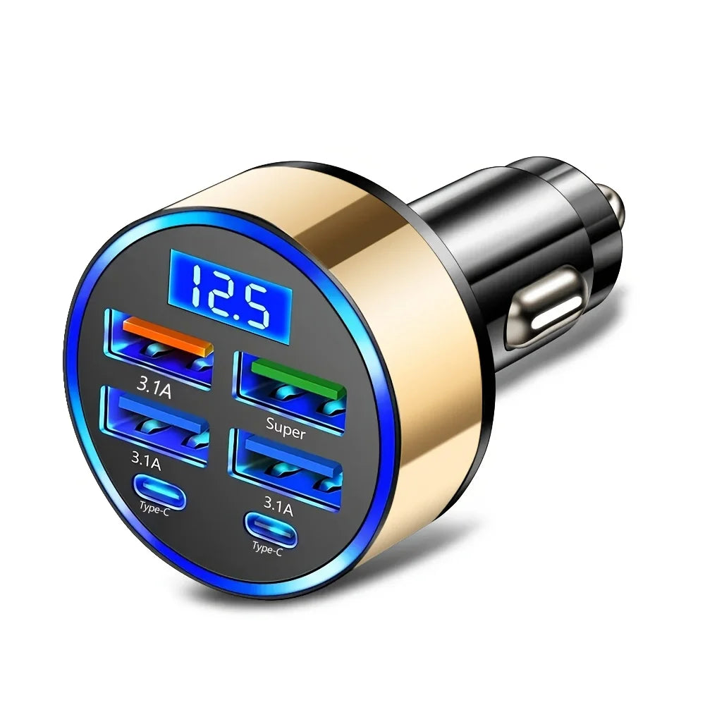 6-in-1 Fast Charging Car Adapter - 3.1A Dual Type-C with Digital Display for Smartphones, Tablets & Power Banks - Portable Black Charger