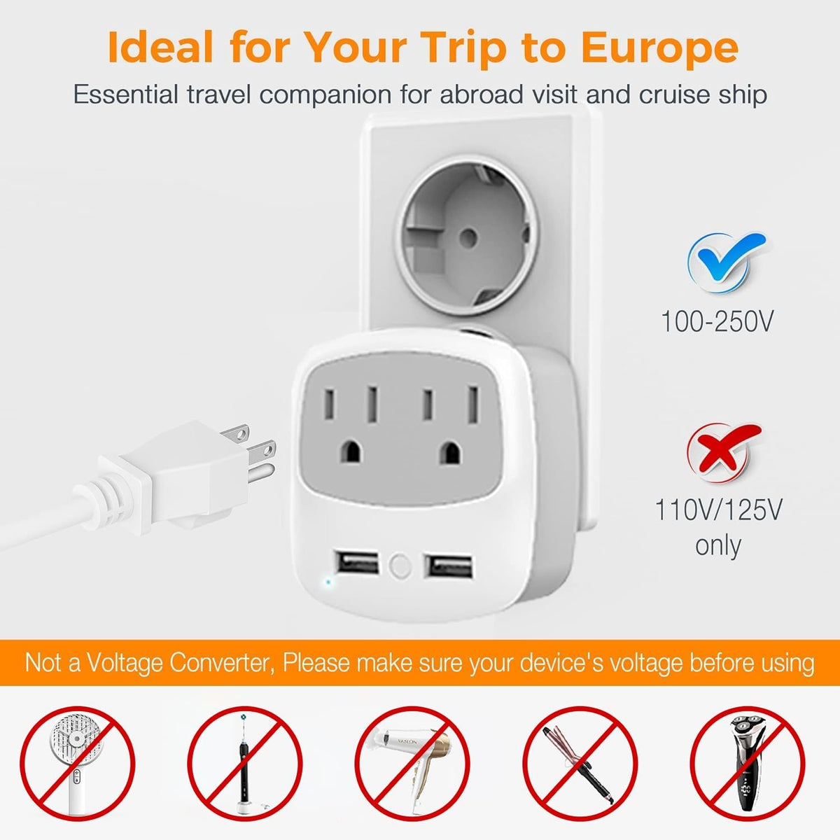 European Travel Plug Adapter Converter | International Power Plug Converter, 2 USB Ports, Type C Outlet, US to Most of Europe EU Iceland Spain Italy France Germany