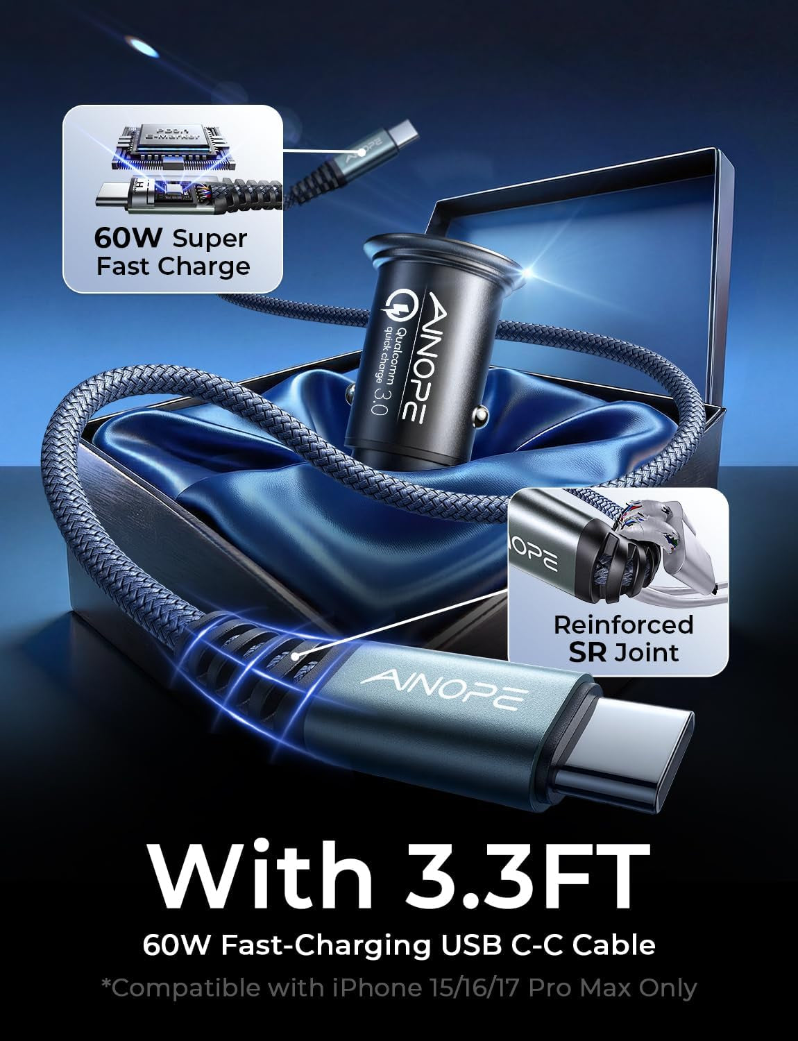 67.5W USB C Car Charger - Fast Charging for iPhone 17, 16, 15 Pro Max & Samsung Galaxy S25 - Compact Metal Design with 3.3FT Braided Cable