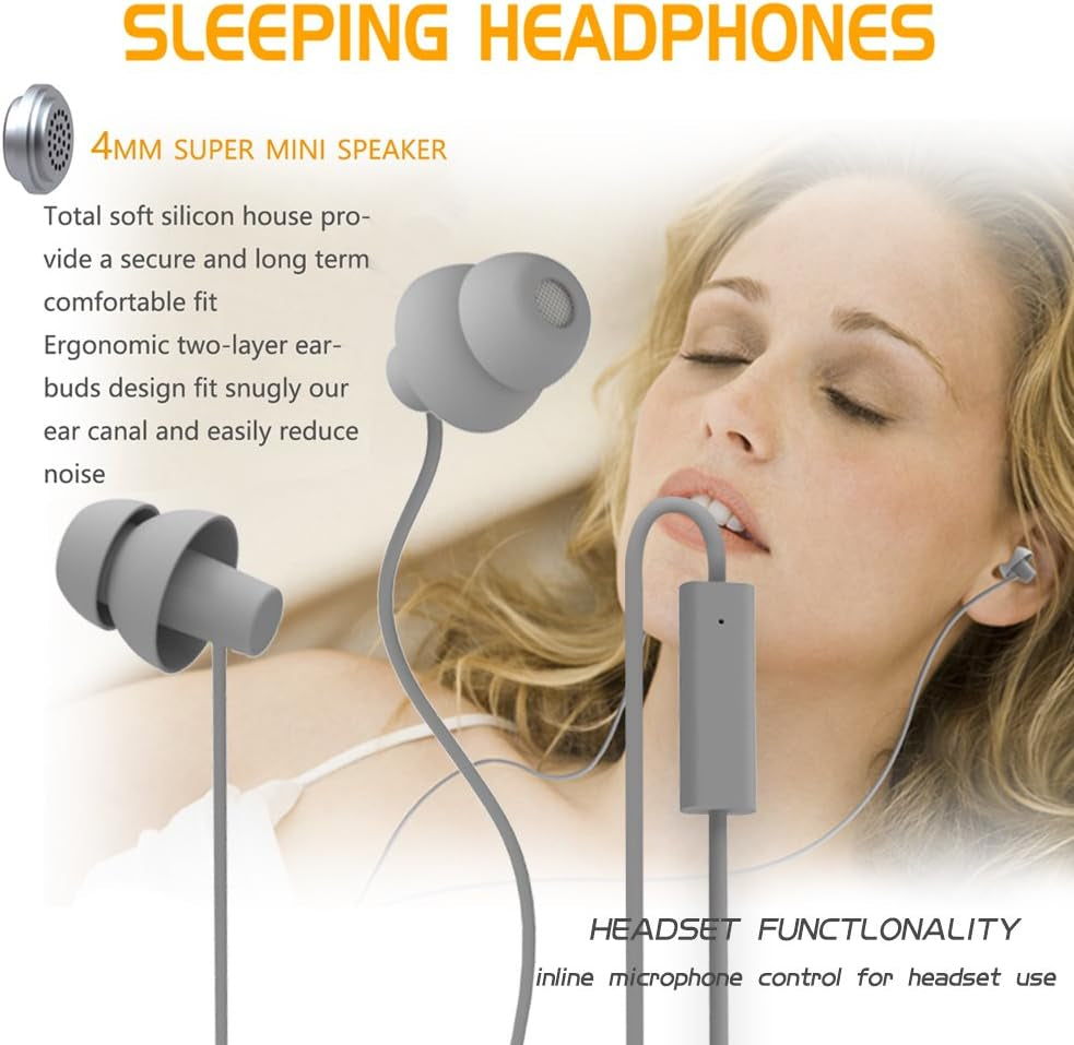 (TM Unique Total Soft Silicon Sleeping Headphones Earplugs Earbuds with Mic for Cellphones,Tablets and 3.5 Mm Jack Plug (Grey)