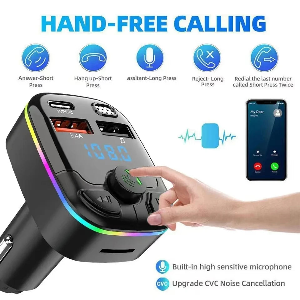 Bluetooth 5.0 Car Charger & FM Transmitter - Dual USB Type-C, Wireless Handsfree MP3 Player with Ambient Lighting