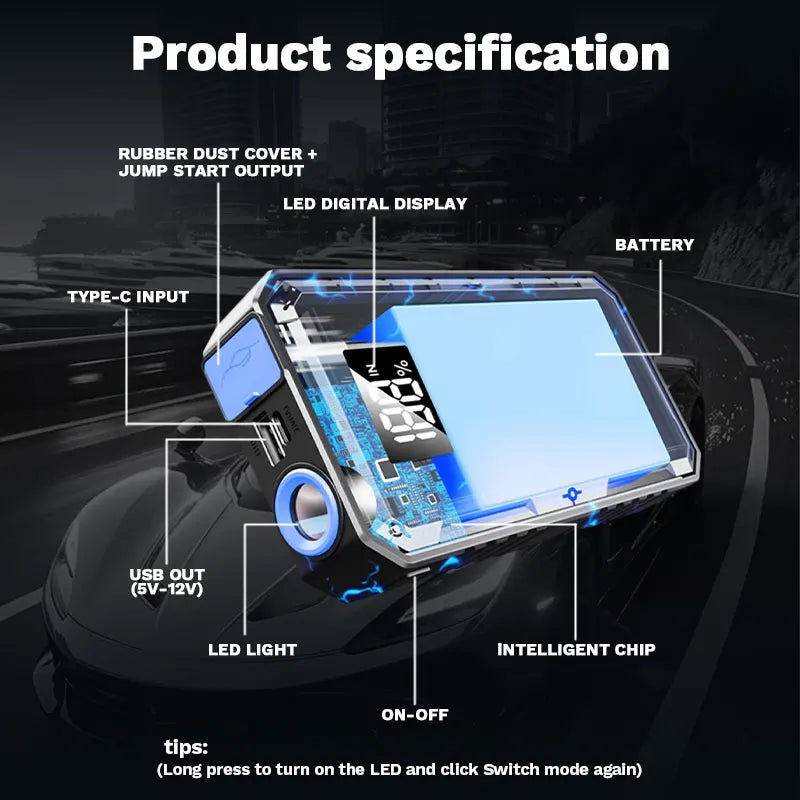 Powerful 4000A 12V Car Jump Starter & Portable Charger with LED Lighting - Essential Car Battery Backup!