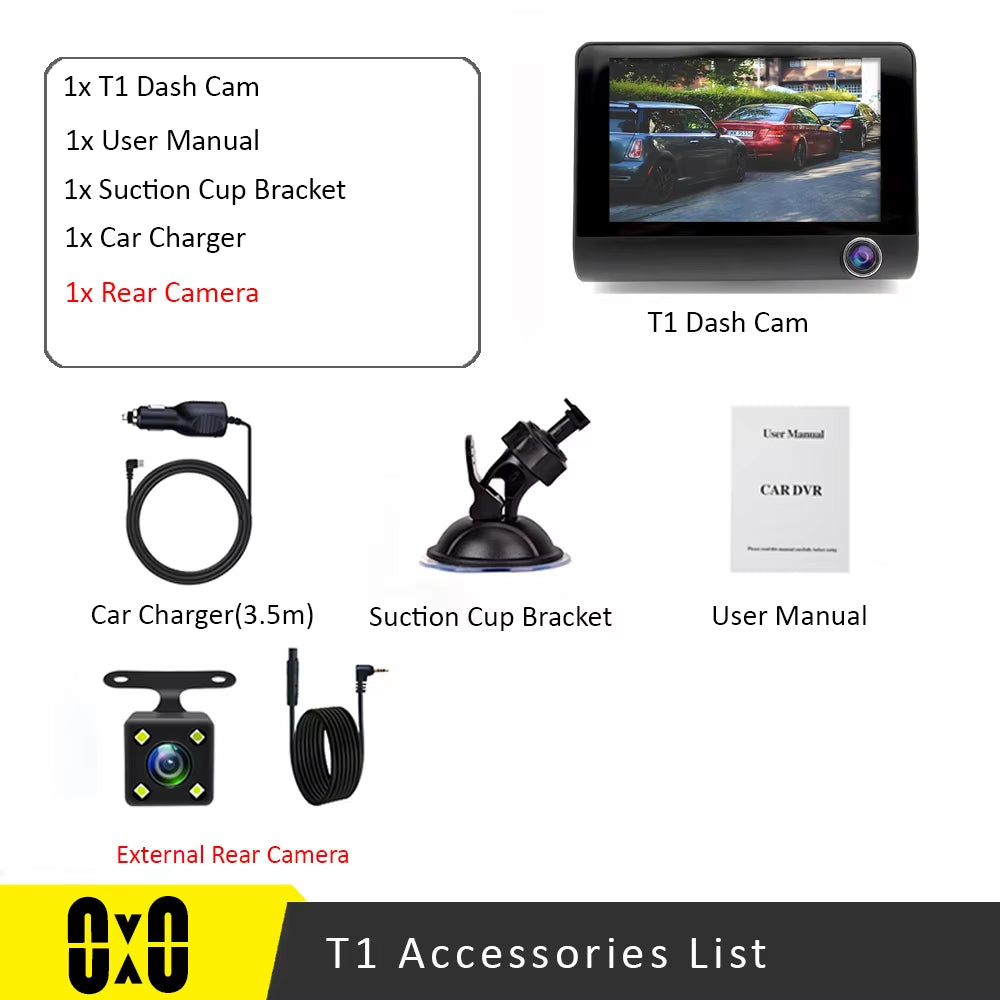 Capture Every Angle with Our 4" Triple Lens Dash Cam - Front, Rear, and Interior Recording with Night Vision and 24-Hour Parking Protection
