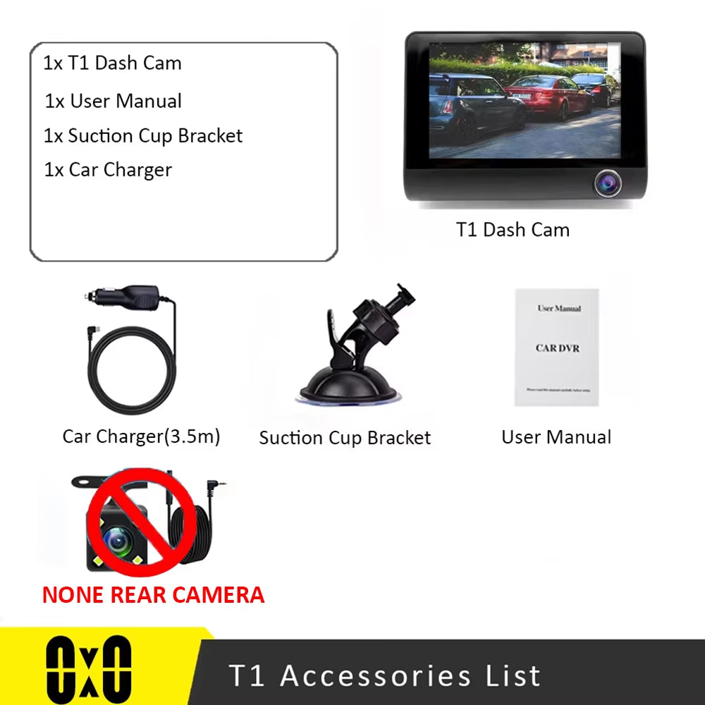 Capture Every Angle with Our 4" Triple Lens Dash Cam - Front, Rear, and Interior Recording with Night Vision and 24-Hour Parking Protection