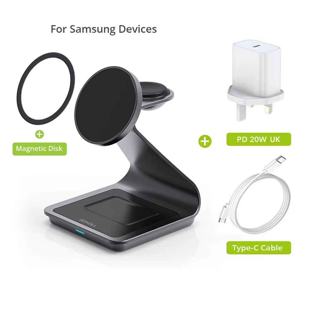 3-in-1 Magnetic Wireless Charger Station - Fast Charging for Samsung S24 Ultra/S25/26, Galaxy Watch 8/7/6 & Earbuds