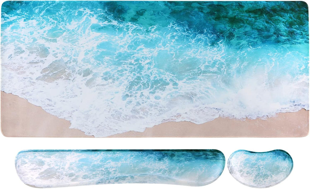 Beach 3Pcs Table Mat, 35.4"X15.7" Keyboard Pad for Workspace | Modern Thick Desk Pad Including Keyboard Wrist Rest, Mousepad Set for Computer Gaming Vanity Office Workspace Area