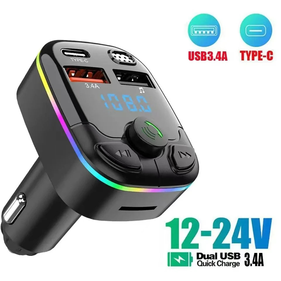 Bluetooth 5.0 Car Charger & FM Transmitter - Dual USB Type-C, Wireless Handsfree MP3 Player with Ambient Lighting
