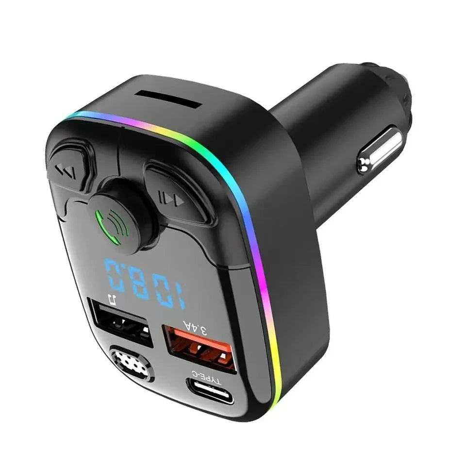 Bluetooth 5.0 Car Charger & FM Transmitter - Dual USB Type-C, Wireless Handsfree MP3 Player with Ambient Lighting