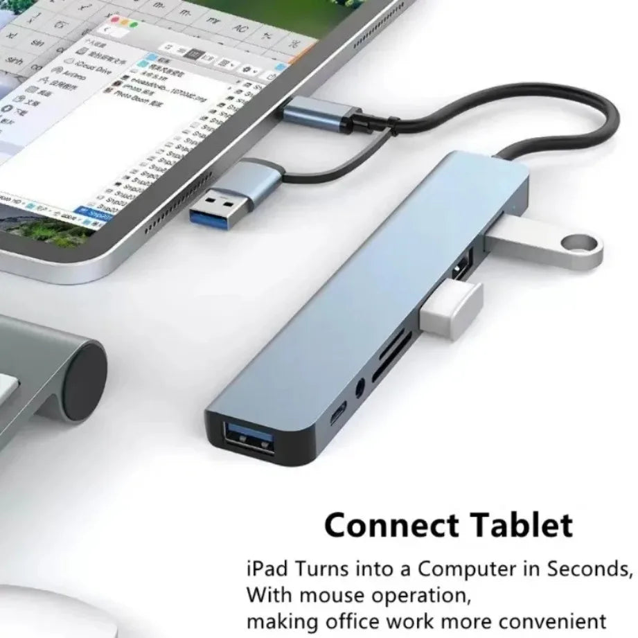 Ultimate 8-in-2 Type-C USB Hub with SD/TF Card Reader & Audio Jack for MacBook, PC, Laptop & Tablet