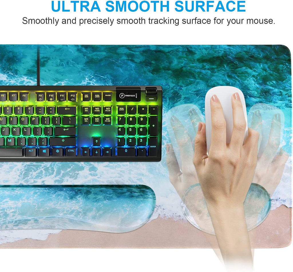 Beach 3Pcs Table Mat, 35.4"X15.7" Keyboard Pad for Workspace | Modern Thick Desk Pad Including Keyboard Wrist Rest, Mousepad Set for Computer Gaming Vanity Office Workspace Area