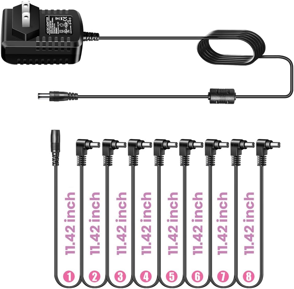 Guitar Pedal Power Supply Adapter 9V DC 1A Tip Negative 8 Way Daisy Chain Cables for Guitar Effect Pedal