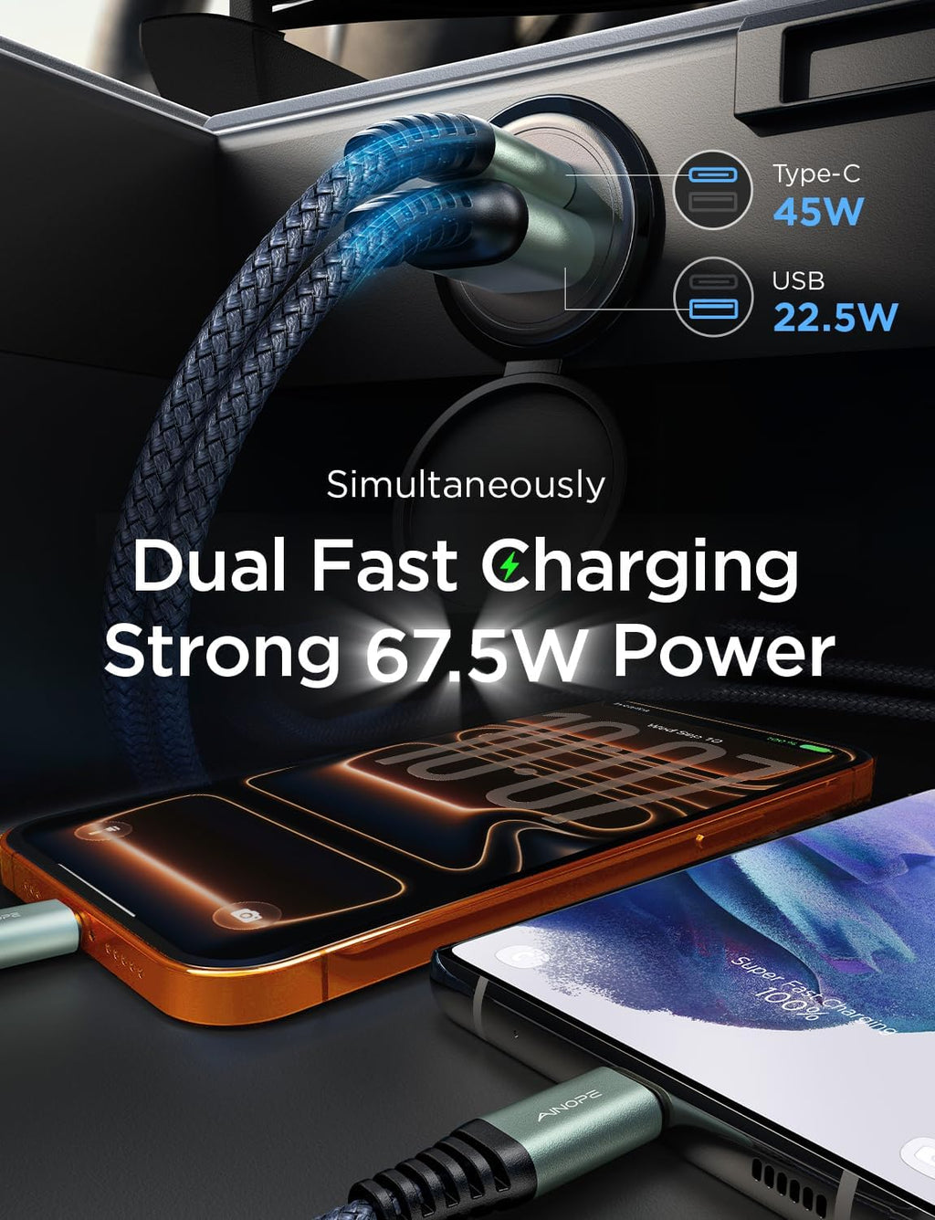 67.5W USB C Car Charger - Fast Charging for iPhone 17, 16, 15 Pro Max & Samsung Galaxy S25 - Compact Metal Design with 3.3FT Braided Cable