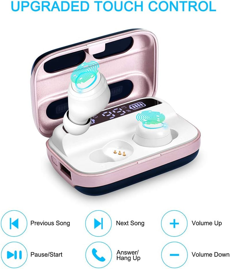 Wireless Earbuds, Bluetooth 5.1 Earbuds 140H Playtime Bluetooth Headphones Stereo Noise Cancelling Wireless Earphones in Ear with Mic, USB-C Charging IP7 Waterproof Headset for Sport Rose Gold