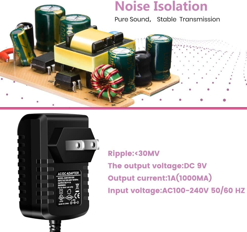 Guitar Pedal Power Supply Adapter 9V DC 1A Tip Negative 8 Way Daisy Chain Cables for Guitar Effect Pedal