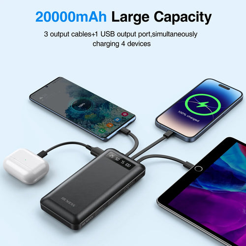 20000Mah Power Bank Portable Charger with Cables Compatible for Iphone, Android Cell Phone