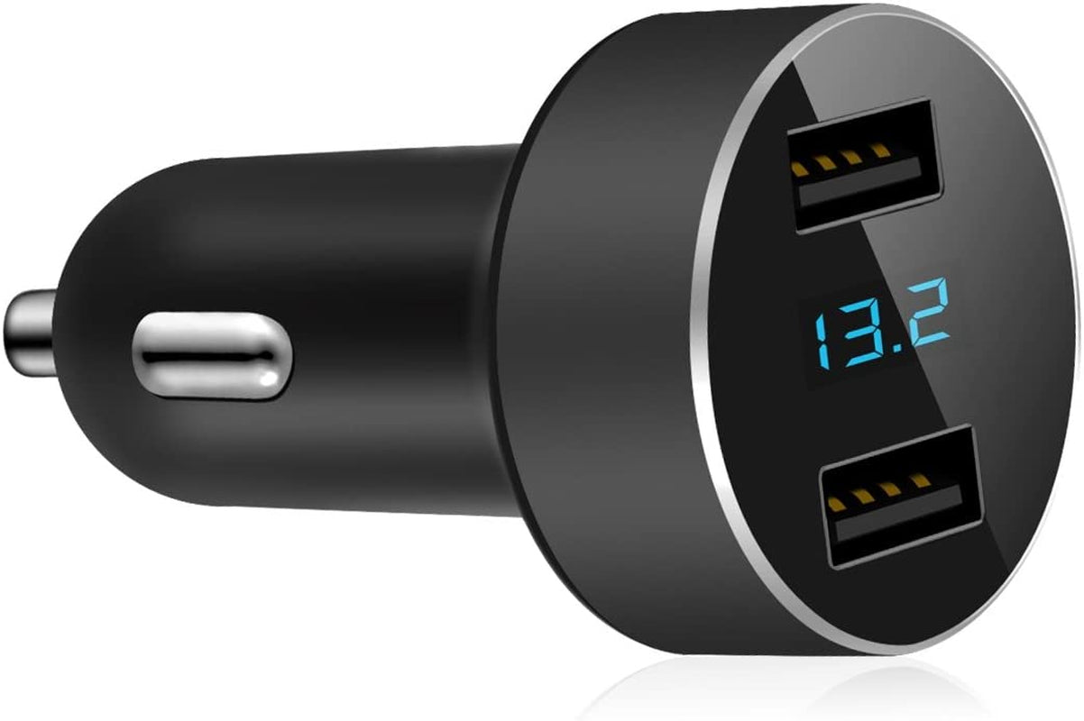 Dual USB Car Charger with LED Voltage Meter - Fast Charging Adapter for iPhone, Samsung, and More - Compact and Smart Protection Design