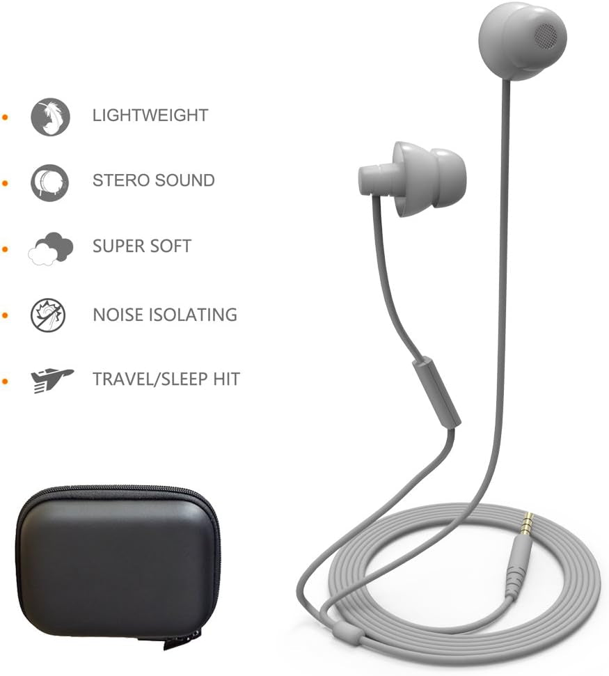 (TM Unique Total Soft Silicon Sleeping Headphones Earplugs Earbuds with Mic for Cellphones,Tablets and 3.5 Mm Jack Plug (Grey)