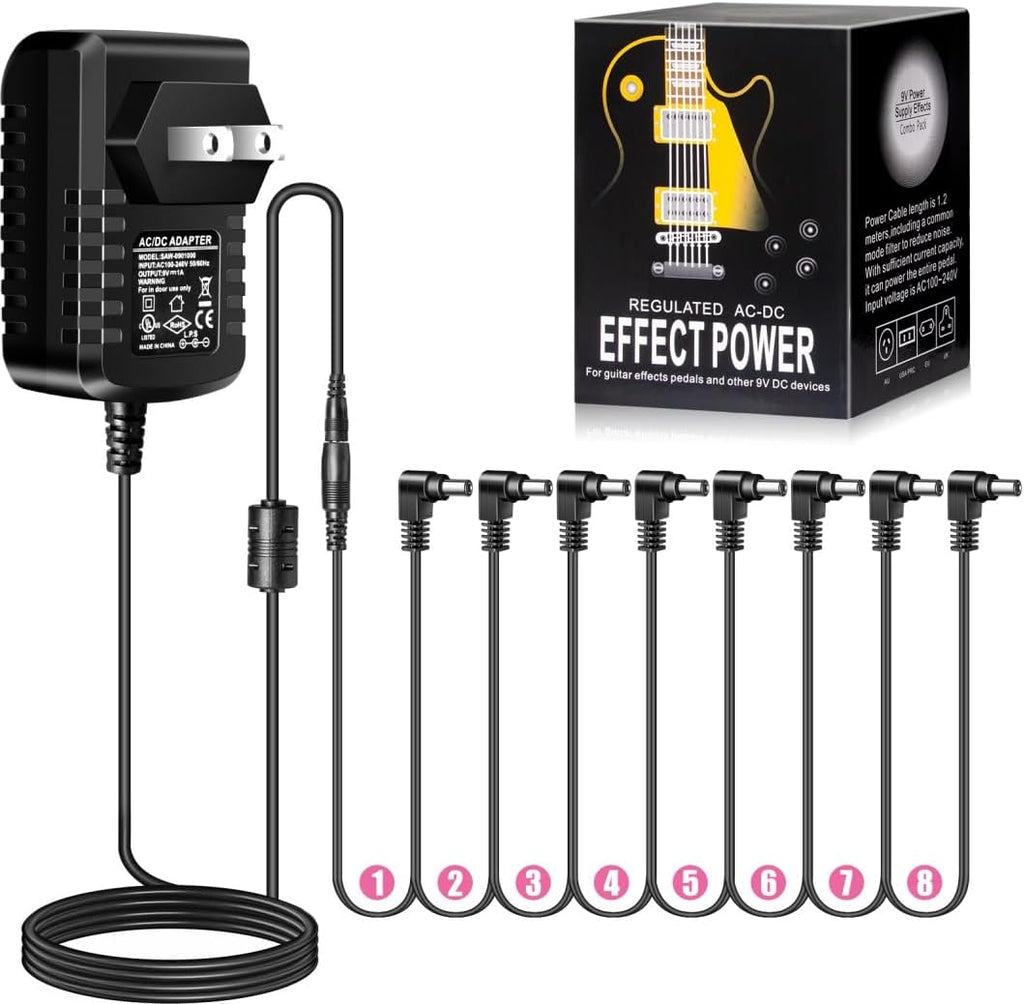 Guitar Pedal Power Supply Adapter 9V DC 1A Tip Negative 8 Way Daisy Chain Cables for Guitar Effect Pedal
