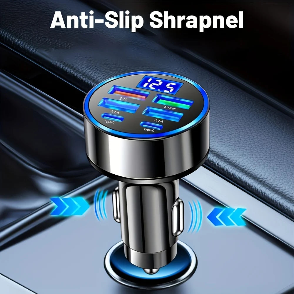 6-in-1 Fast Charging Car Adapter - 3.1A Dual Type-C with Digital Display for Smartphones, Tablets & Power Banks - Portable Black Charger