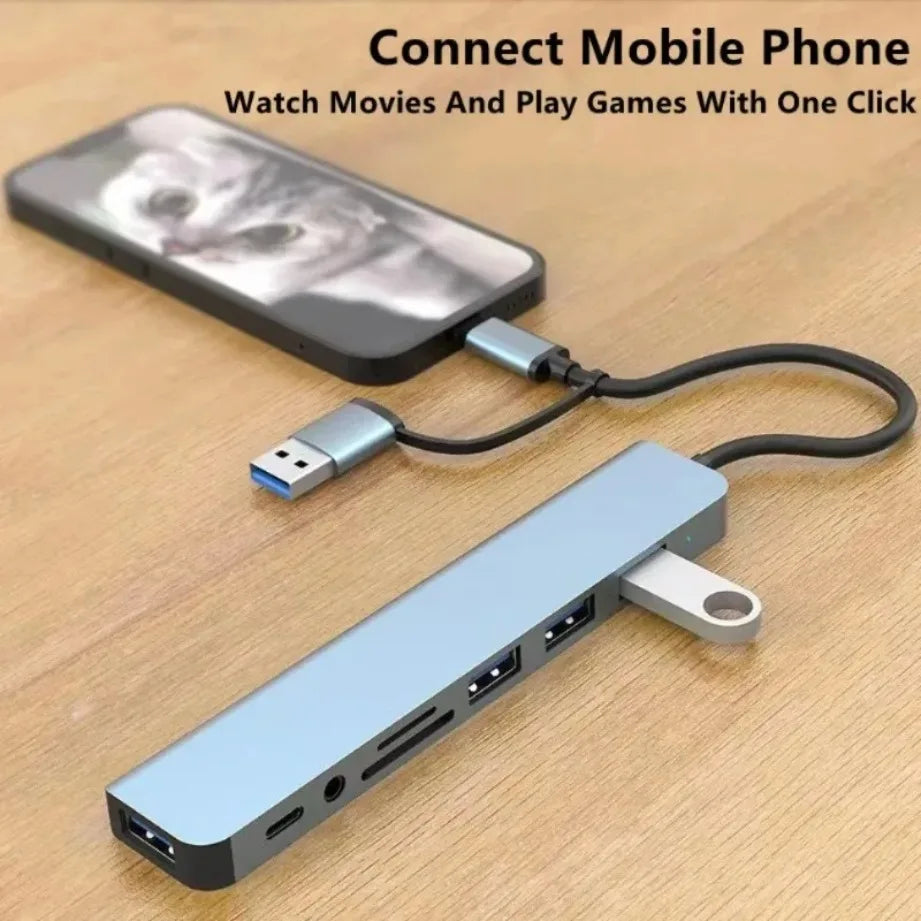 Ultimate 8-in-2 Type-C USB Hub with SD/TF Card Reader & Audio Jack for MacBook, PC, Laptop & Tablet