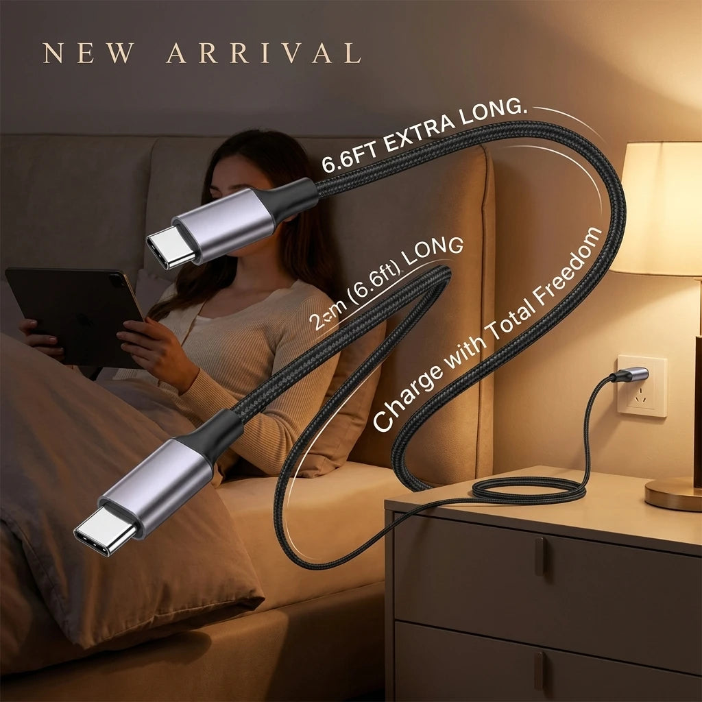 Premium 6.6Ft USB C to USB C Fast Charging Cable - Durable Nylon Braided Design with Metal Connectors - Perfect for Macbook Pro, iPad Air, Samsung Galaxy S24/S23, Google Pixel, and More!