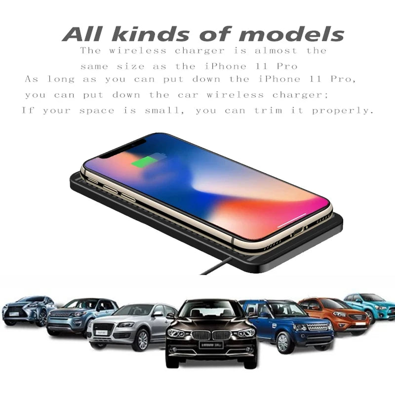 15W Fast Wireless Car Charger Pad - Non-Slip Qi Charging for iPhone 11/12/13/14 & Android Devices