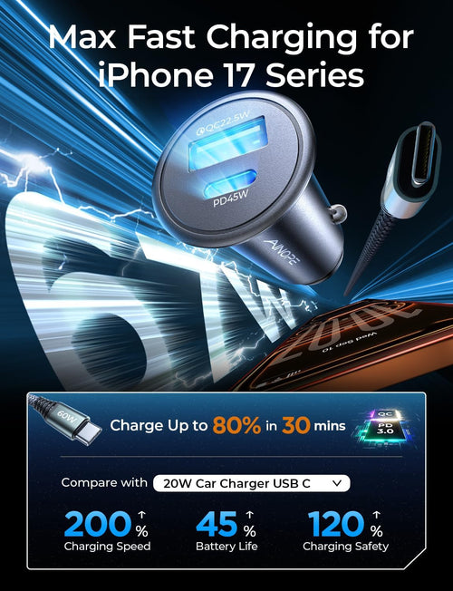 67.5W USB C Car Charger - Fast Charging for iPhone 17, 16, 15 Pro Max & Samsung Galaxy S25 - Compact Metal Design with 3.3FT Braided Cable