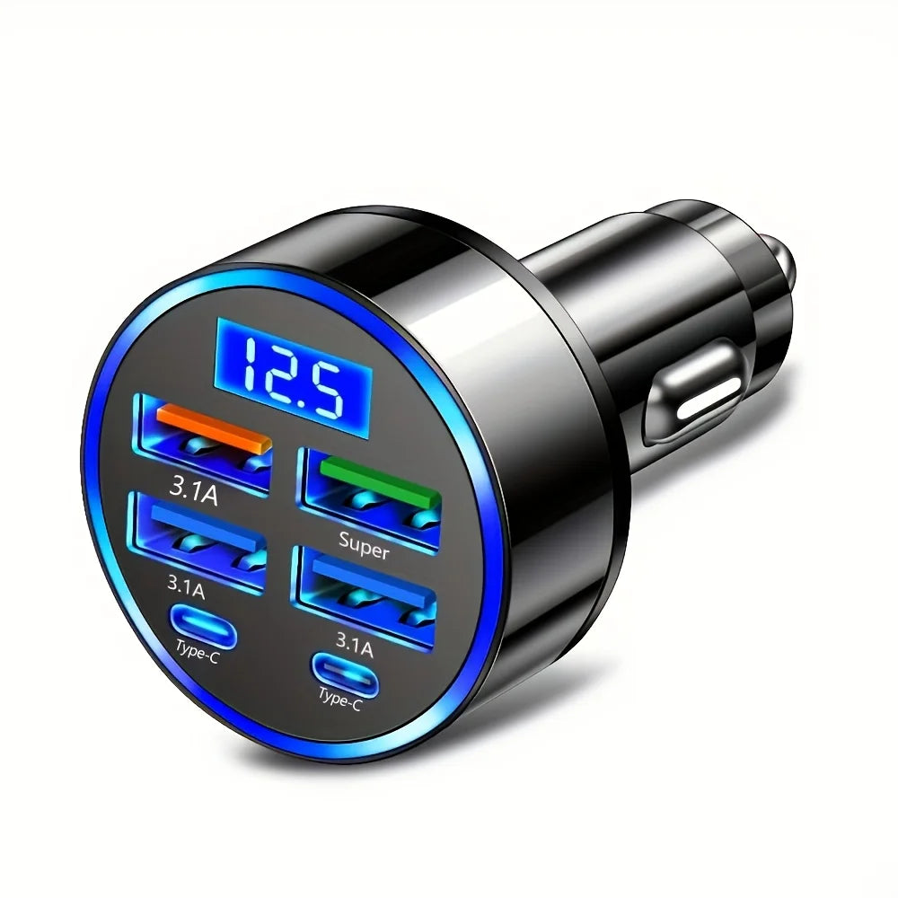 6-in-1 Fast Charging Car Adapter - 3.1A Dual Type-C with Digital Display for Smartphones, Tablets & Power Banks - Portable Black Charger
