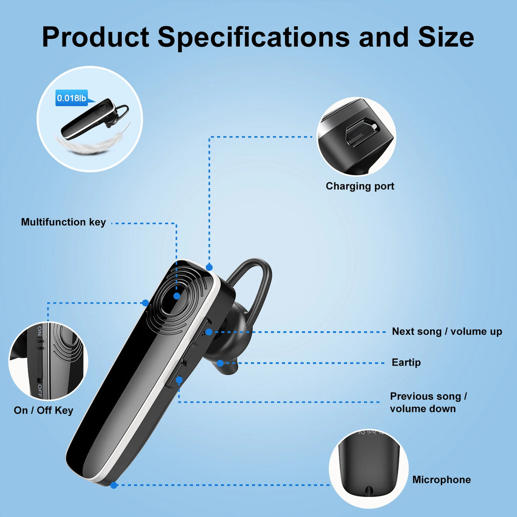 Premium Wireless Bluetooth Earbuds with MEMS Microphone - Handsfree Single Earphone for Driving and Business Use
