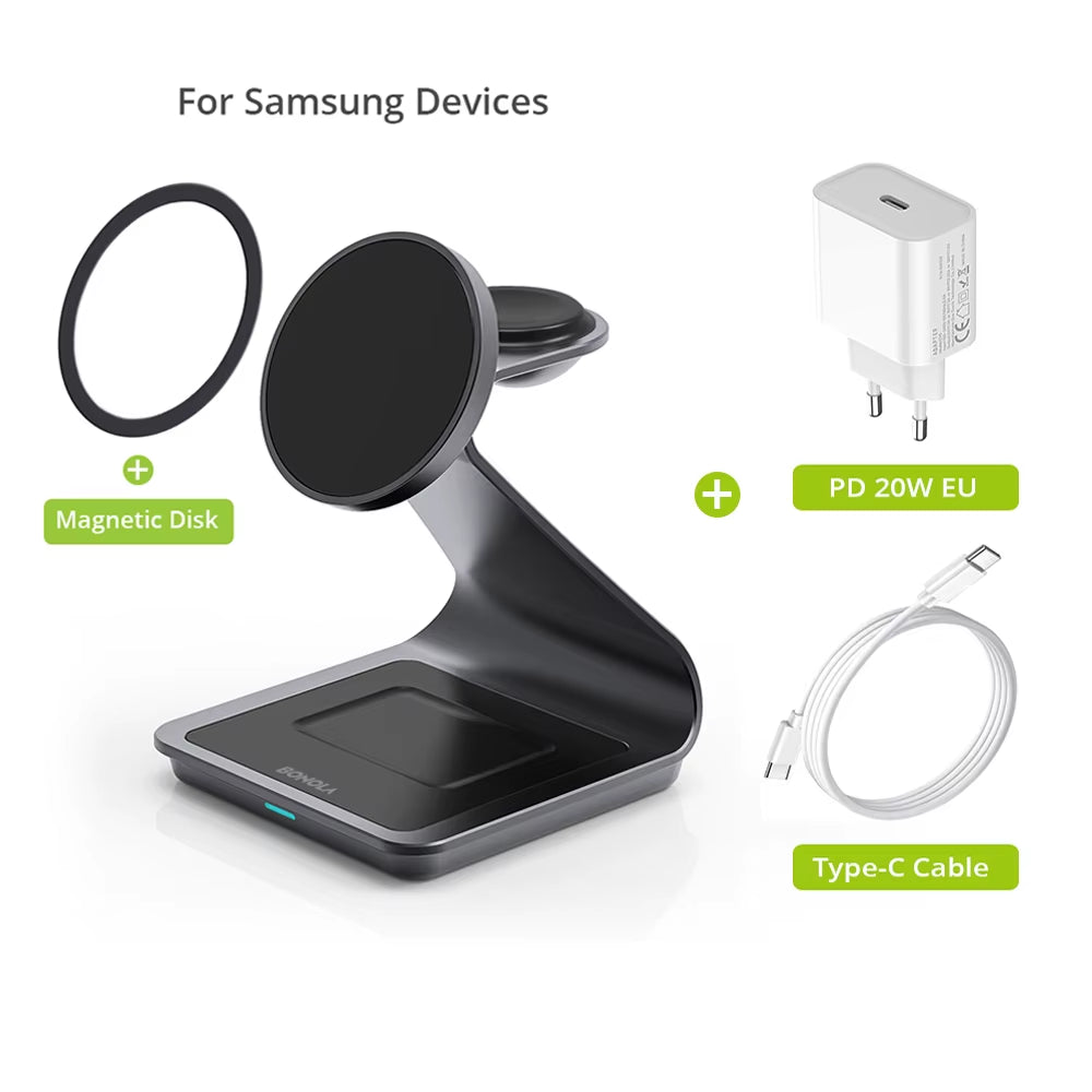 3-in-1 Magnetic Wireless Charger Station - Fast Charging for Samsung S24 Ultra/S25/26, Galaxy Watch 8/7/6 & Earbuds