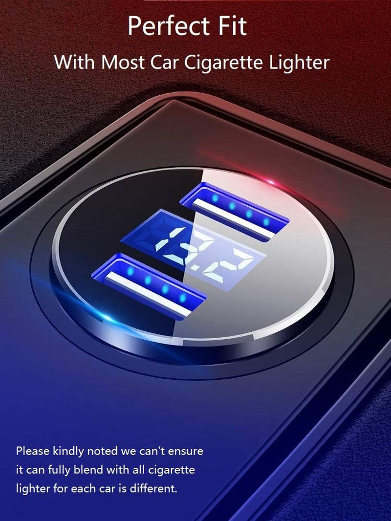Dual USB Car Charger with LED Voltage Meter - Fast Charging Adapter for iPhone, Samsung, and More - Compact and Smart Protection Design