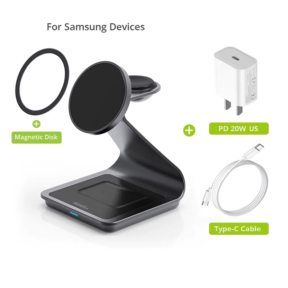 3-in-1 Magnetic Wireless Charger Station - Fast Charging for Samsung S24 Ultra/S25/26, Galaxy Watch 8/7/6 & Earbuds